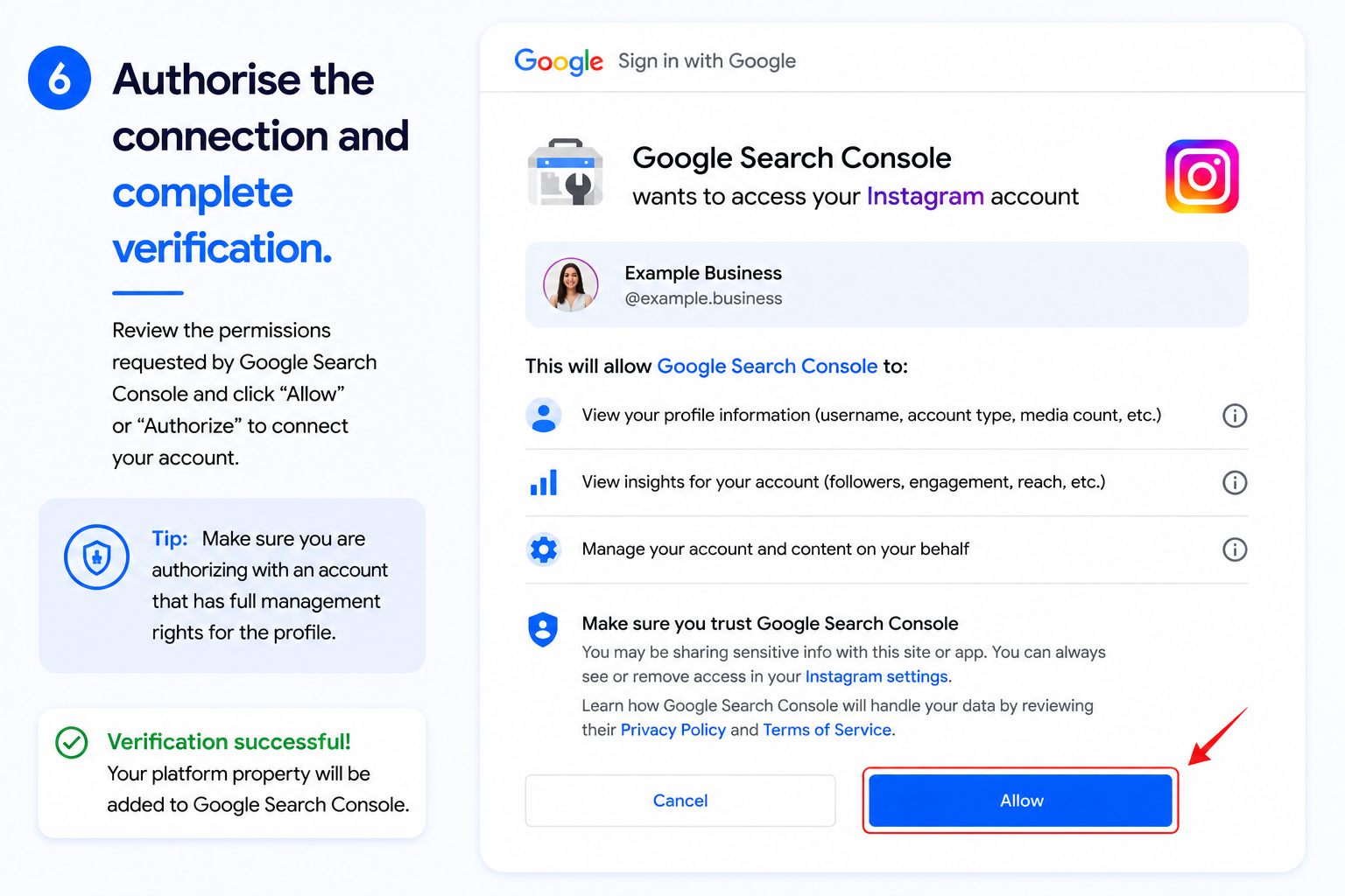 Authorise the connection and complete verification.
